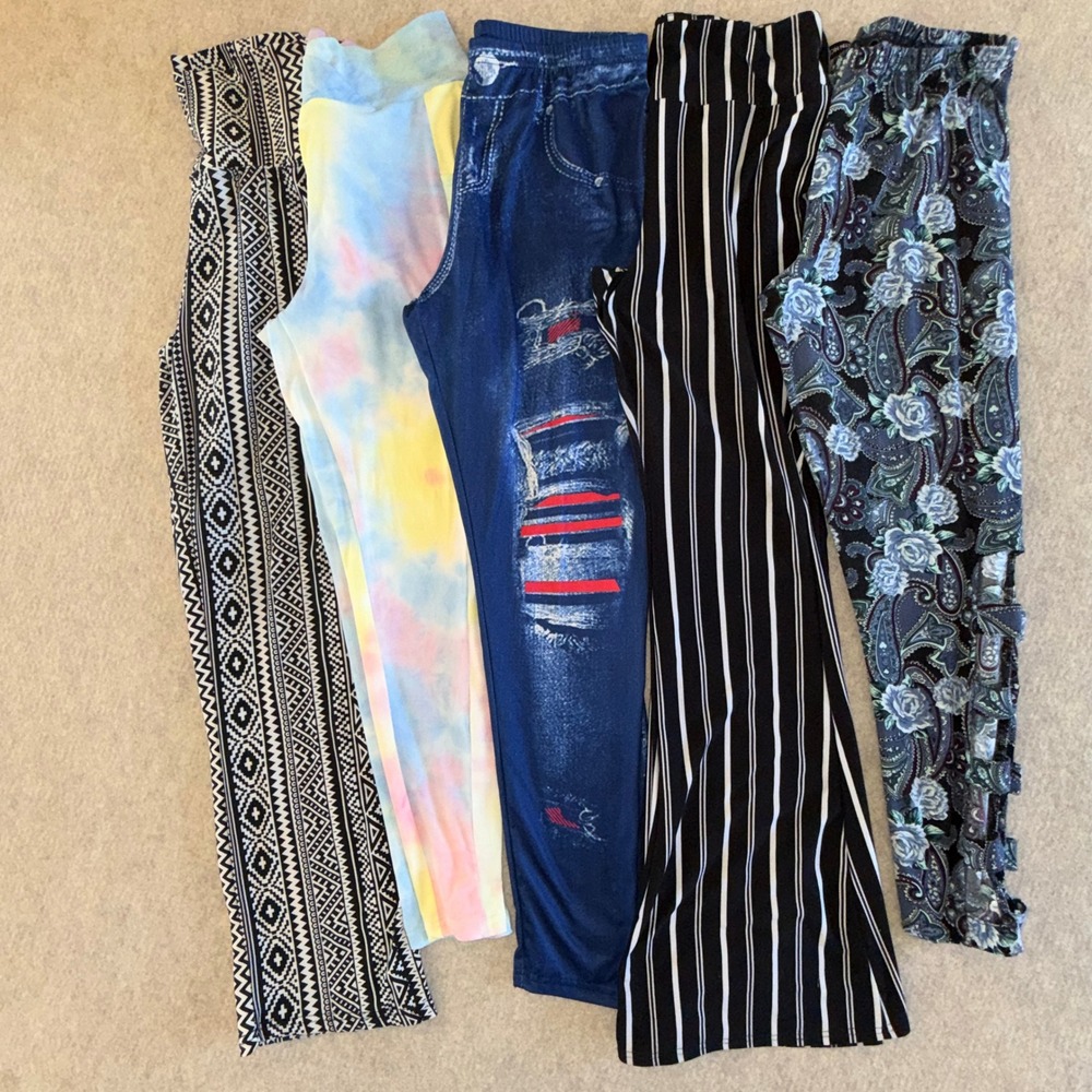 Womens Leggings Lot 5pc Tribal TieDye Faux Denim Stripe Floral Cutout‎ Flare